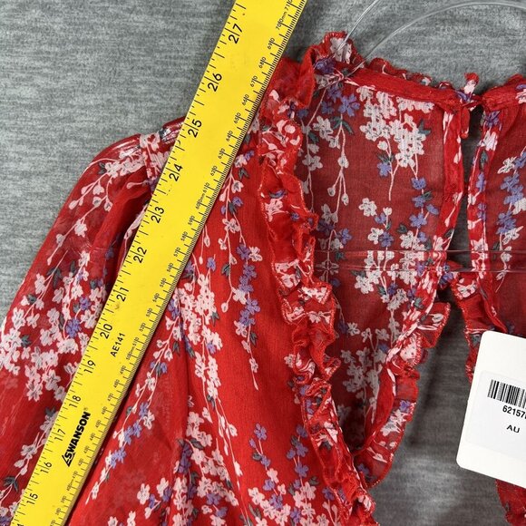 Selfie XL NWT Floral Open Back Ruffle Chiffon Dress Red Long Sleeve Deep V Neck - Picture 11 of 16